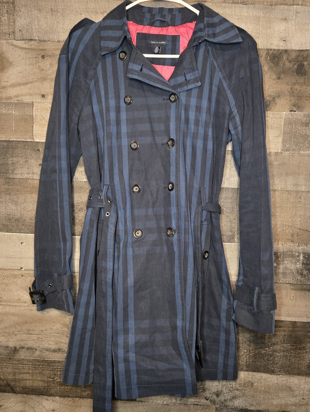 Tommy Hilfiger Navy and Blue Striped Double-Breasted Trench